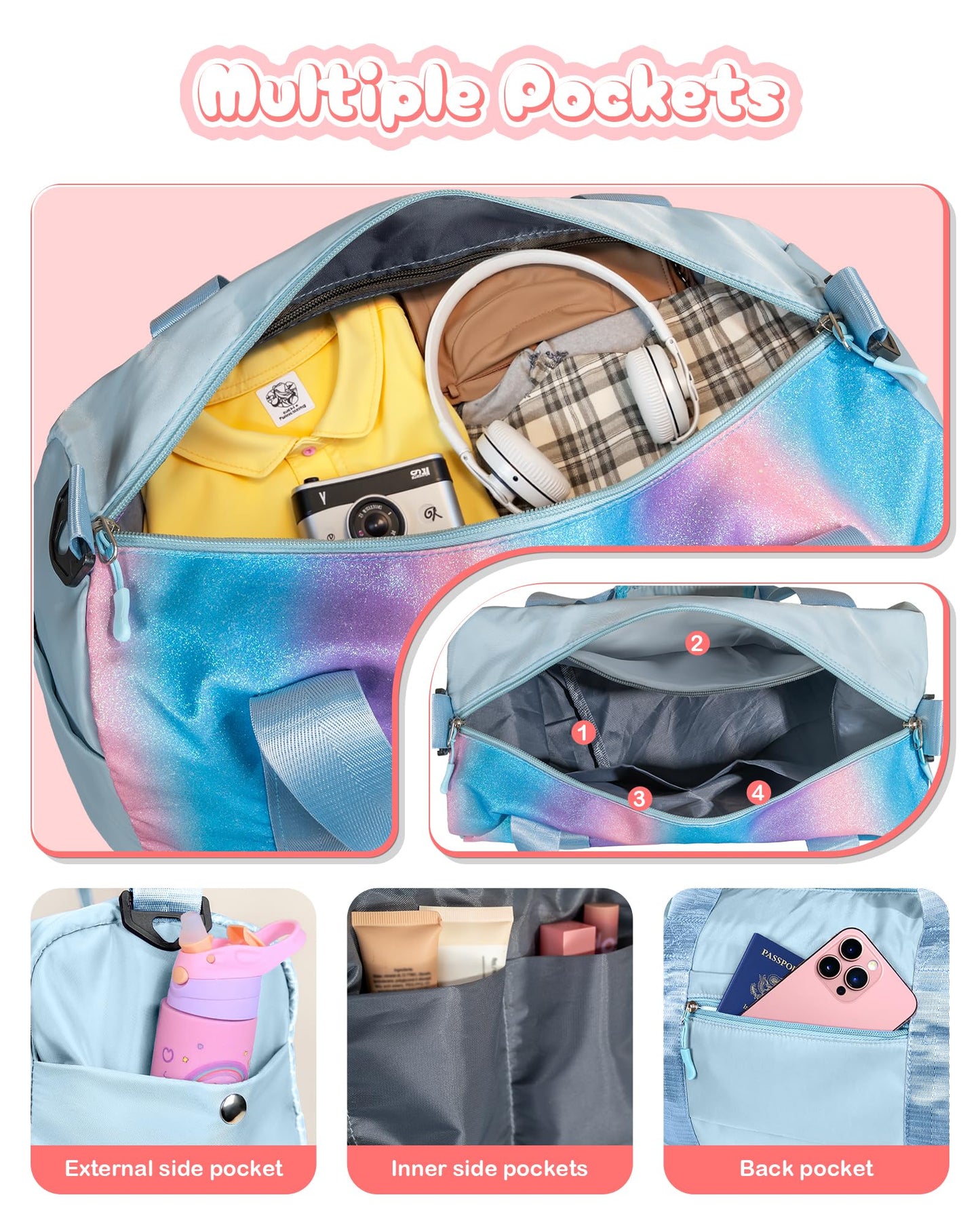 Vogewood Birthday Gifts for 3 4 5 6 7 8 9 10 11 12 Year Old Girls-Girl Gym Bag with Shoe Compartment, Kid Personalized Weekender Overnight Bags, Initial Travel Tote with Makeup Pouch (Letter B)
