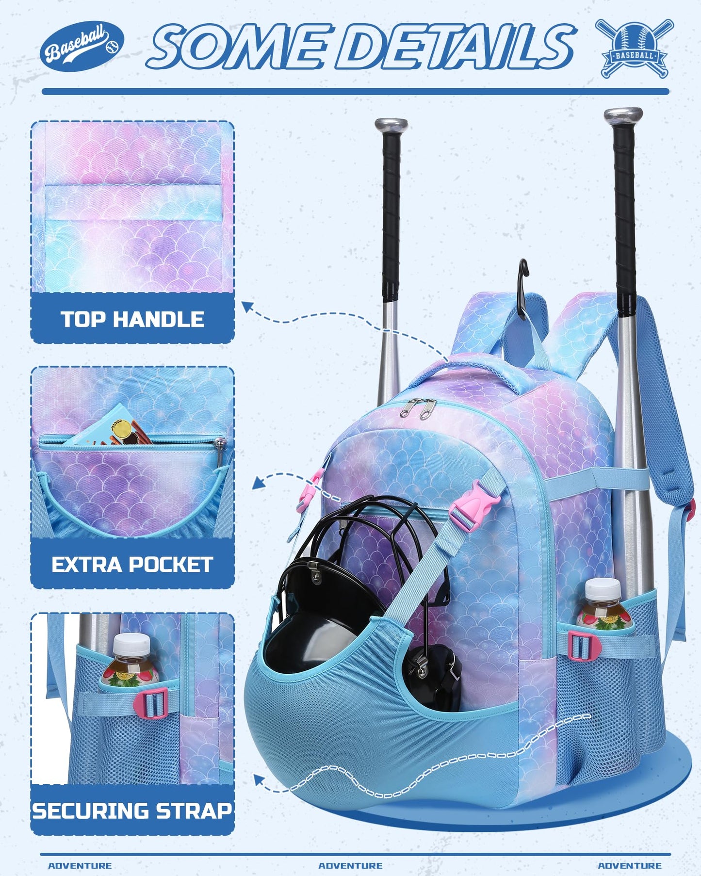 FOKDUVB Baseball Softball Backpack for Kids Boys Girls 6-8 8-12 12-14 Large Youth Bat Bag for Gear Storage Baseball Softball Tball Equipment Back Pack with Separate Shoe Bag (Blue/Purple, Mermaid)