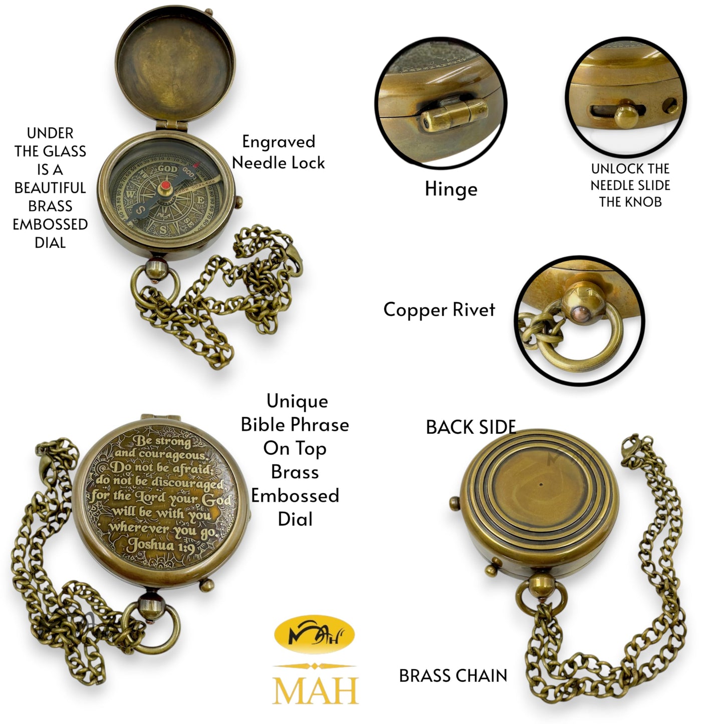 Bible Verse Brass Compass – “Be Strong and Courageous” (Joshua 1:9) | Christian Gift for Graduation, Baptism, Confirmation – Religious Keepsake for Boys, Girls, Teens, Men, Pastors & Church Events