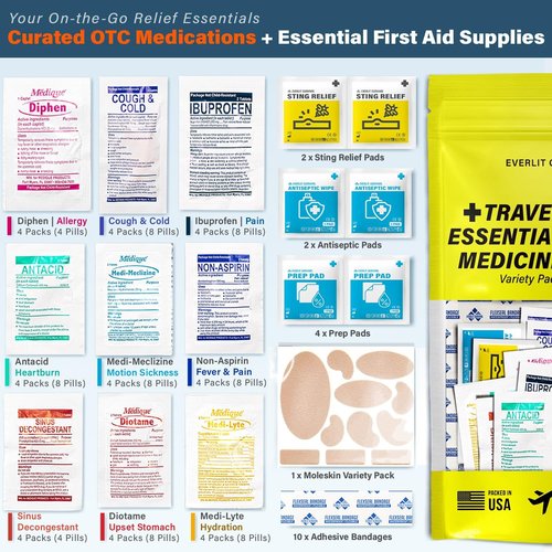 Everlit Care Travel Essential First Aid Kit - TSA Compliant Mini Medkit with Bonus Medical Supplies | 64 Tablets Individually Packed