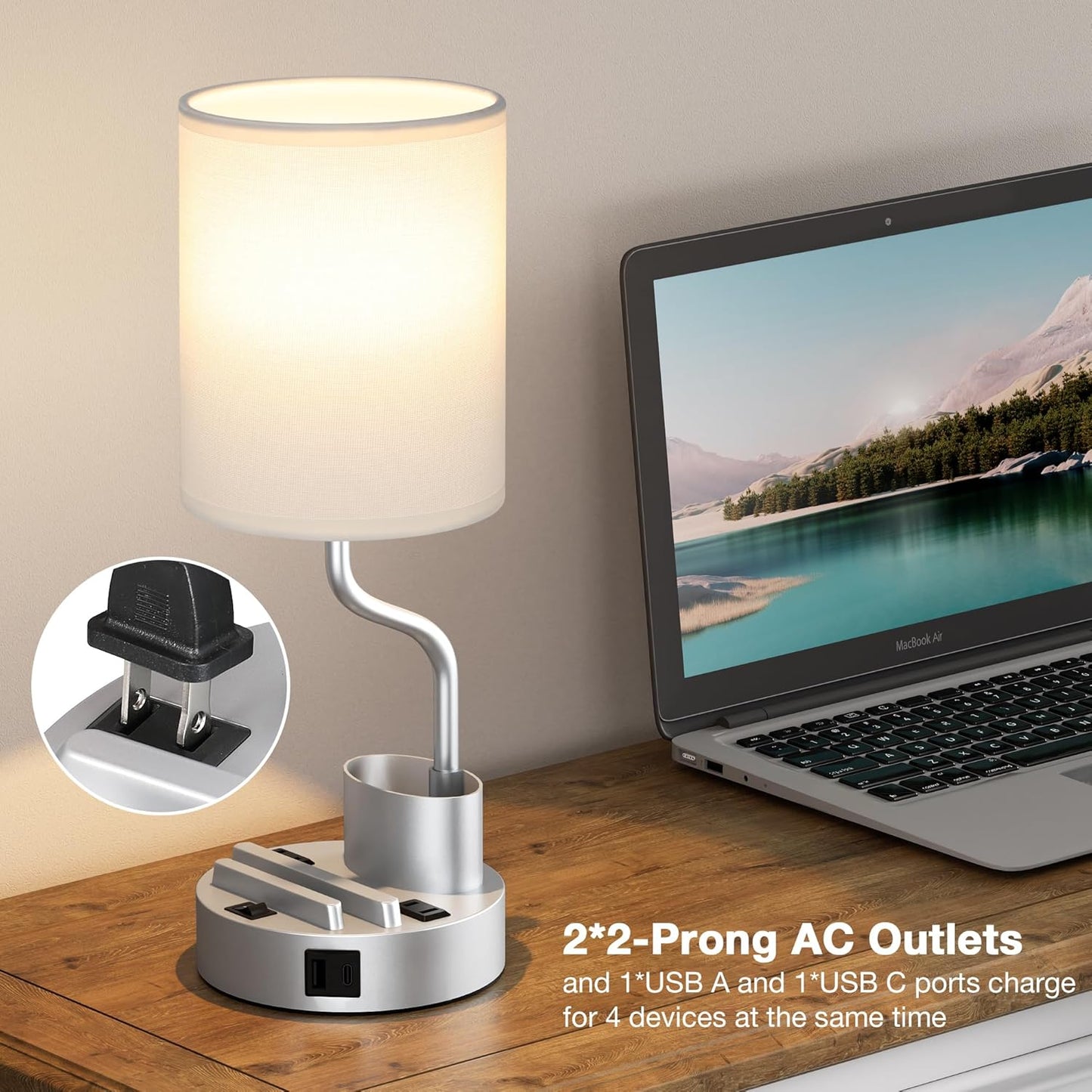 Set of 2 Bedside Table Lamps with USB & AC Outlet - 3 Color Temperatures, Desk Light & Phone Stand for Bedroom, Living Room, Office
