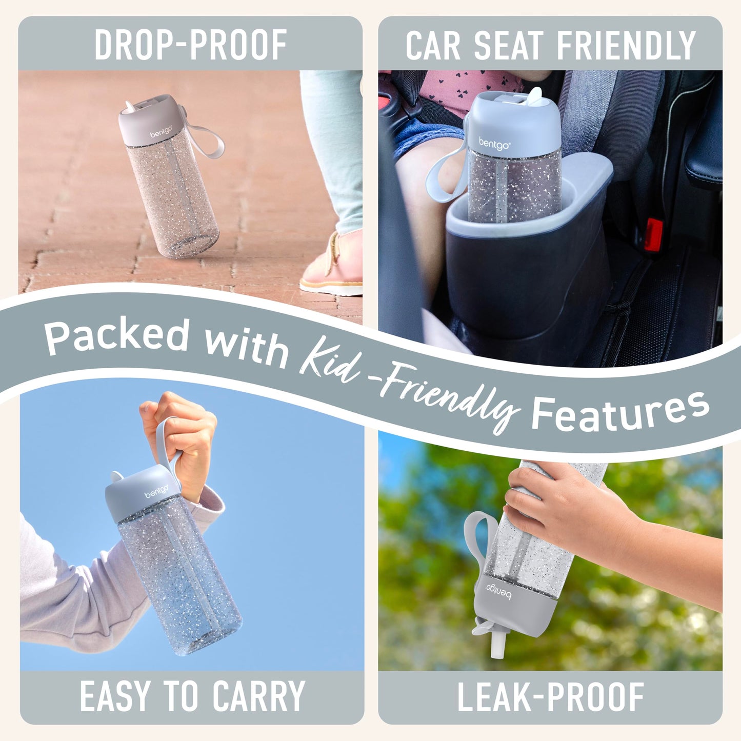 Bentgo Kids Water Bottle - Leak-Proof, Durable Tritan, BPA-Free 15 oz. Cup for Kids/Toddlers Ages 3+, Bite & Sip Spout, Carrying Handle, & Dishwasher Safe for School (Glitter Edition - Silver)