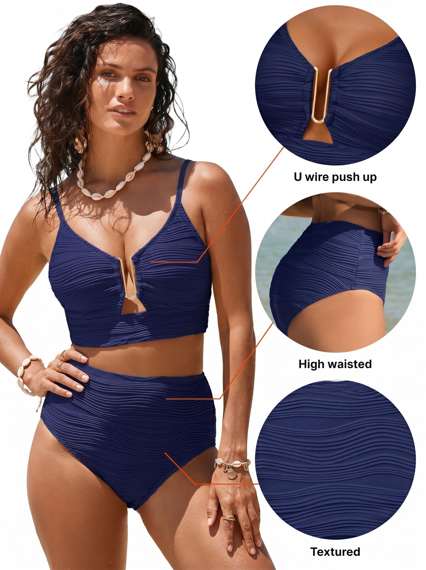 Herseas Women Two Piece U Wire Ruched 2026 Bikini Top High Cut Out Popular Swimsuit Tummy Control High Waisted Bathing Suit Cute Swimwear for Teens Summer Navy Blue X-Large