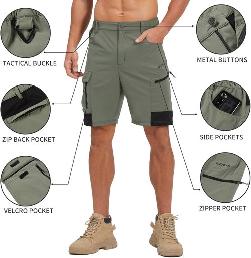 EZRUN Men's Tactical Cargo Shorts - Quick Dry Multi-Pocket Design for Hiking, Fishing & Travel