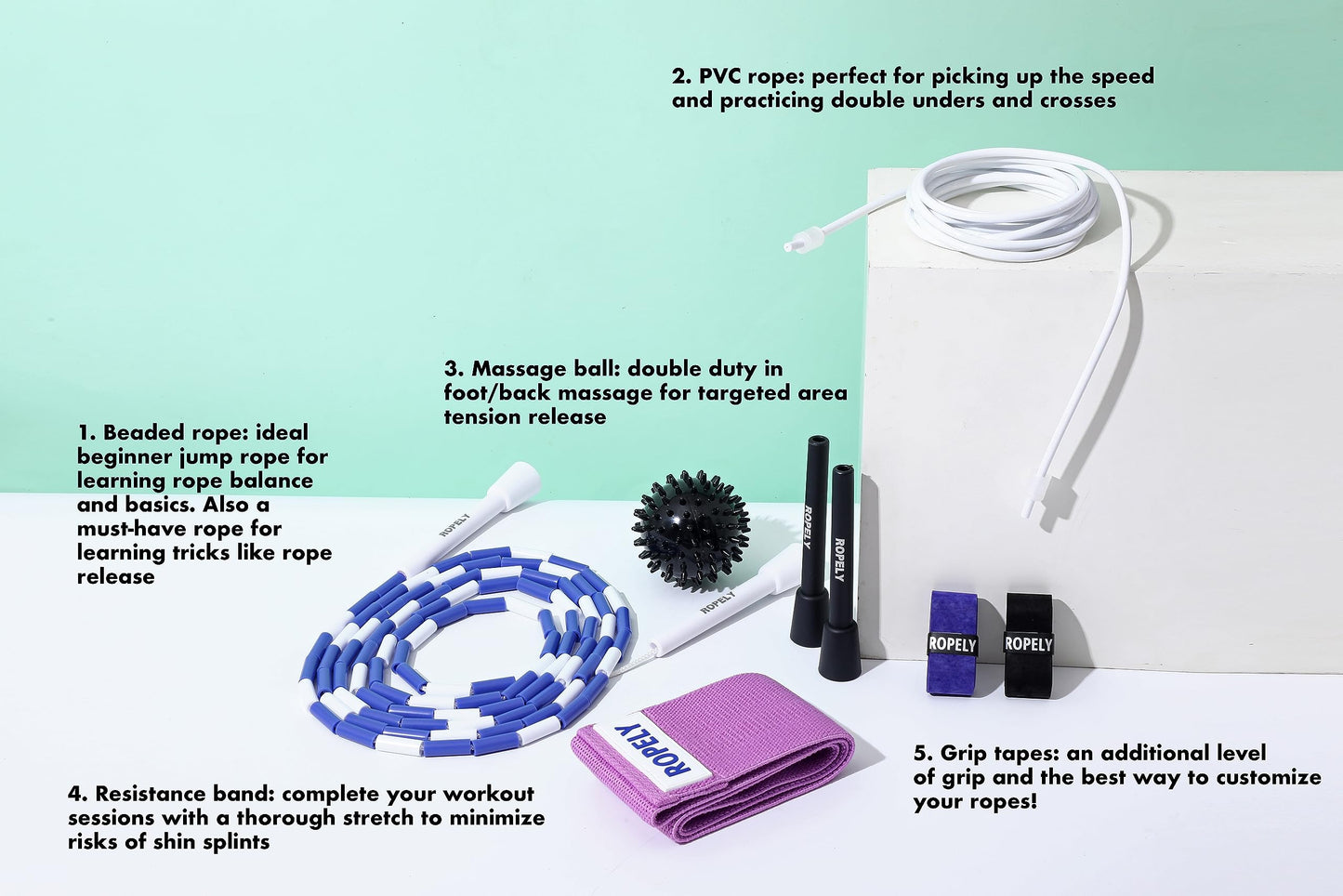 Ropely Skipping Rope 6-in-1 Set Jump Rope Beginner Friendly Kit with Tangle Free Segmented Beaded Rope, PVC Speed Rope, Massage Ball, Resistance Band, and Handle Tape, Adjustable Length (Purple/White)