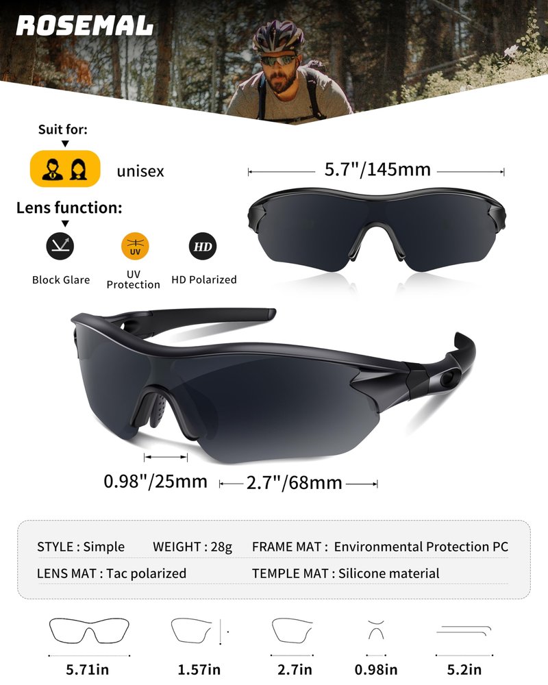 Rosemal Sunglasses Men Polarized Sports UV400 Protection TR90 Frame for Running Cycling Baseball Golf Tennis Hiking Fishing Driving