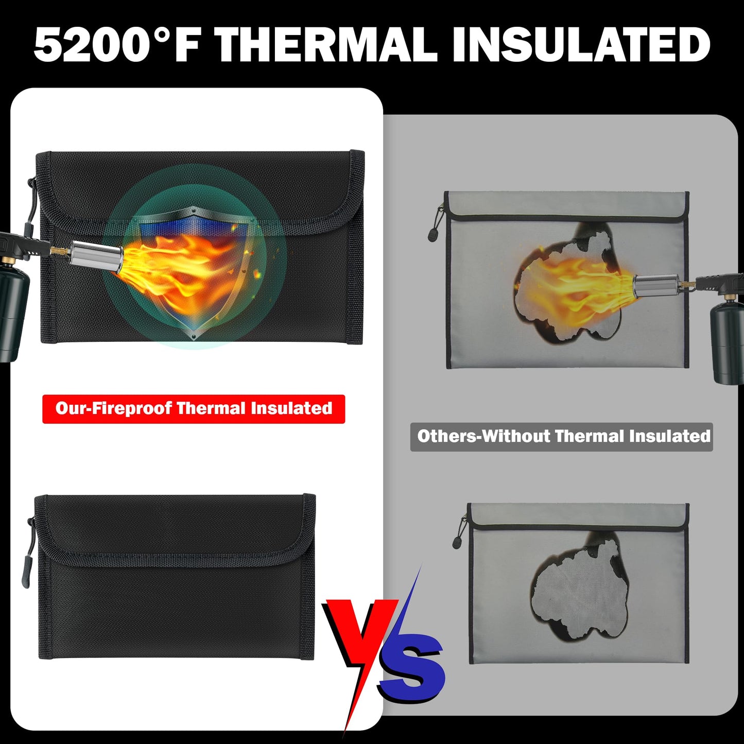 GQIRIL Fireproof Waterproof Document Bag - 5200°F Water Resistant Fire Proof Money Bag, 3 Layers of Heat Insulated Storage with Zipper, 7.9"x5" Portable Files Safe Pouch for Cash Passport (Black)