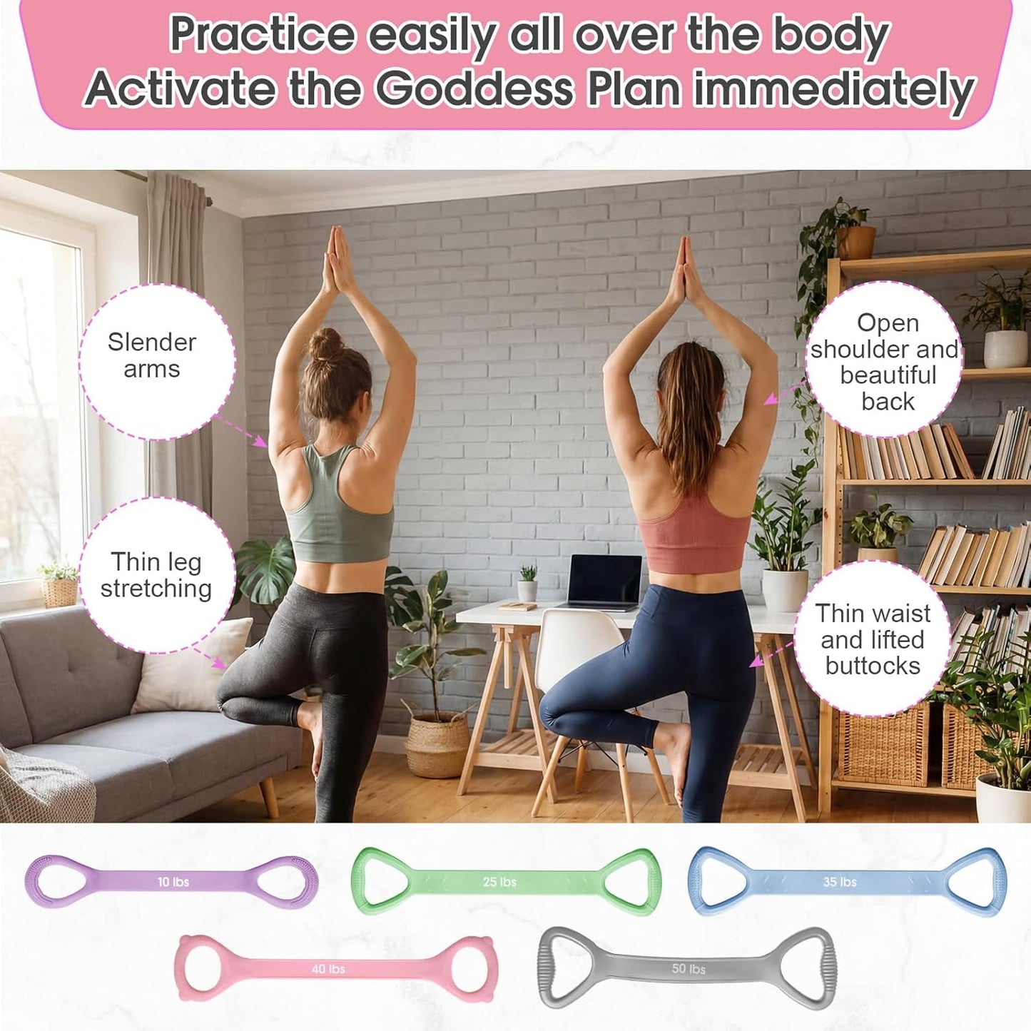 Soulchen Figure 8 Fitness Resistance Bands - 5 Pack (10-50 Lbs) for Yoga, Pilates, Stretching & Workouts