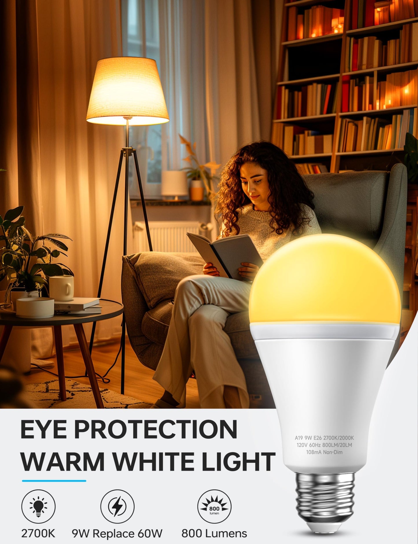 KINDEEP Sleep Night Light Bulbs: E26 Blue Light Blocking Dim Bulbs with 2 Modes, 0.5W Amber Lights with 20lm 2000K, 9W Equivalent 60W, 800lm 2700K, Ideal for Lamp, Bedroom, Sleep & Nursery, 2 Pack