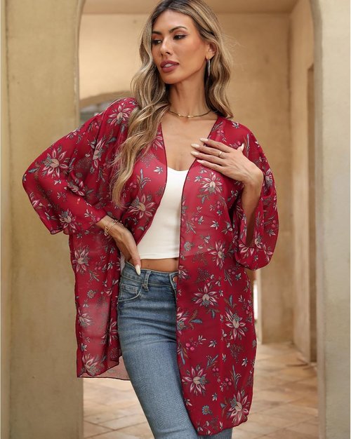 Argstar Women's Kimono Cardigan - Lightweight Chiffon Floral Print Cover-Up | 3/4 Sleeve Summer Beachwear