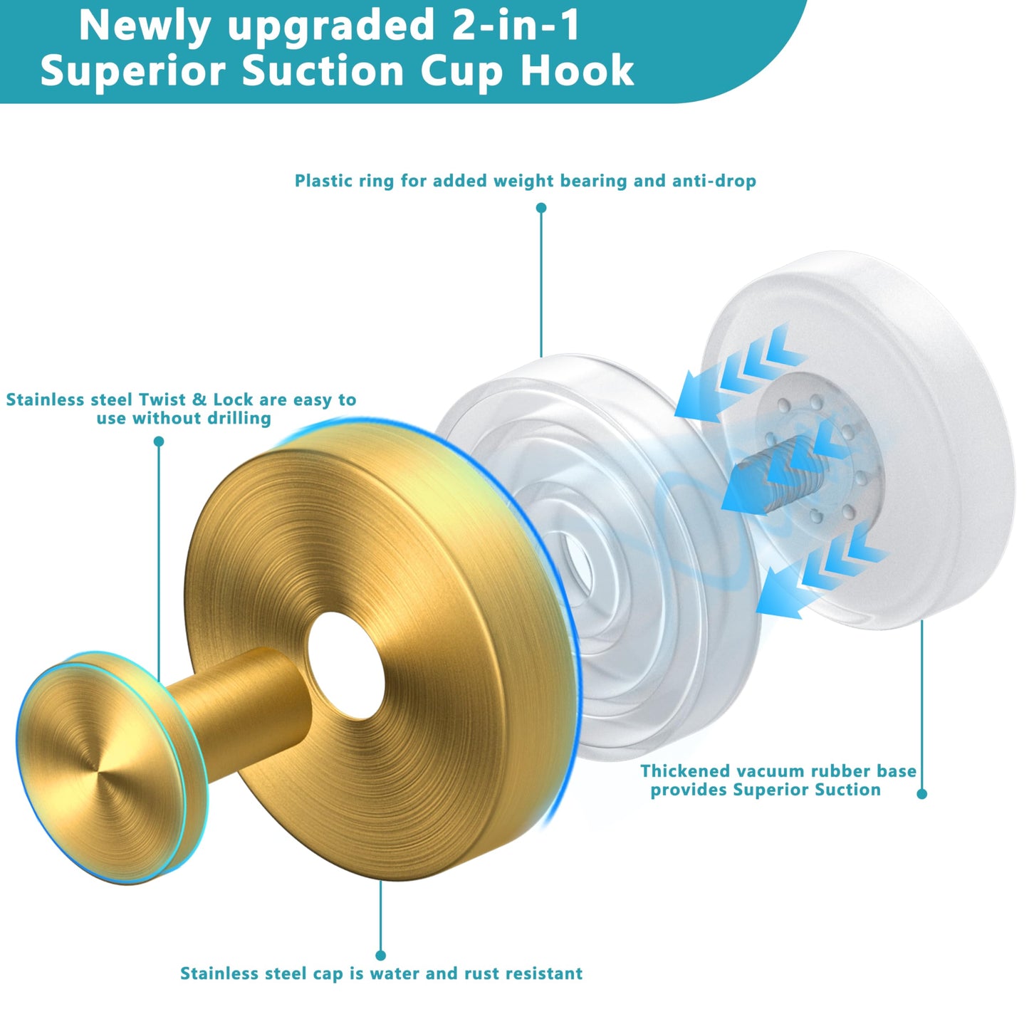 Suction Cup Hooks for Shower,Wreath Hanger for Front Door,Removable No Drill Waterproof Towel Loofah Hook,Upgraded 15 lbs Strong Suction Metal Hooks for Bathroom,Wall,Garland Glass Door-Gold 2 Pcs