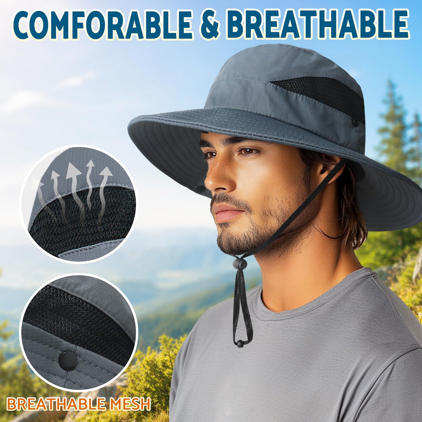 PFFY Sun Hats for Men Women Wide Brim Bucket Hat Hiking Fishing Hat Blue