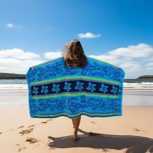 COTTON CRAFT Oversized Beach Towel - 2 Pack XL 39 x 68 Inches - Super Soft 100% Cotton Jacquard Velour - Tropical Hibiscus Aqua Blue & Purple