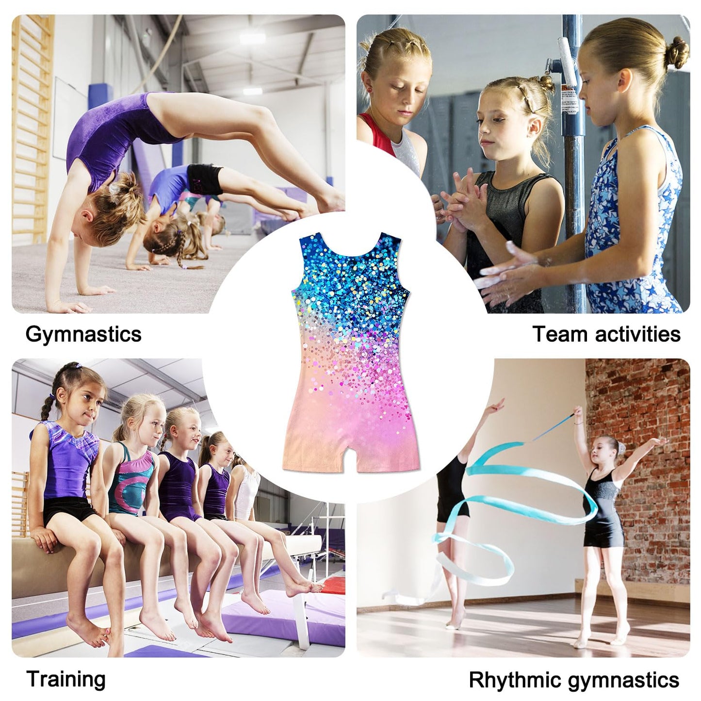 Funnycokid Gymnastics Leotards for Girls Dance Outfits Unitard Sparkly Clothes with Shorts, Diamond Blue Light Pink, 5-6 Years