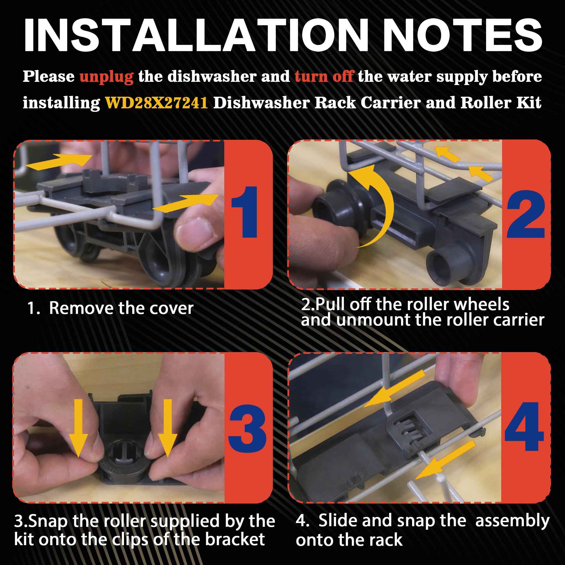 4 Pack WD28X27241 Dishwasher Rack Carrier and Roller Kit,Replacement Fit for G.E,Hot-point,Hai-er Dishwasher Lower Rack Wheels Assembly, Fit with Both Left and Right Side,Replace WD12X10447 WD12X10446