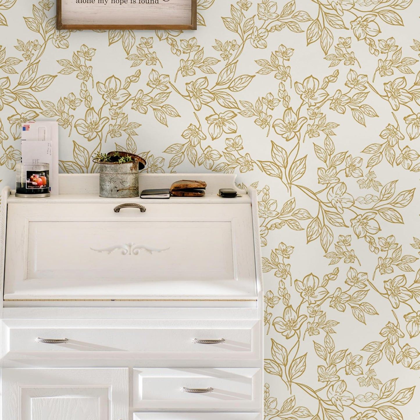 Ismoon Floral Peel and Stick Wallpaper Vintage Beige Contact Paper White Gold Stick on Wallpaper Textured Removable Self Adhesive Wall Paper for Bedroom Vinyl 17.3x78.7in