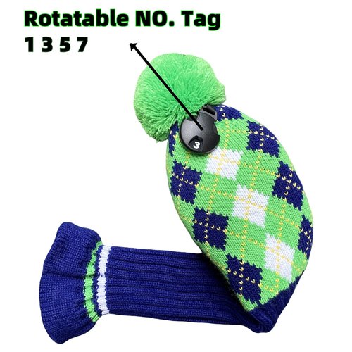 CHILXE 3pcs Knit Golf Headcovers, Driver & 2 Fairway Woods, Green & Blue, Pom Pom, Polyester
