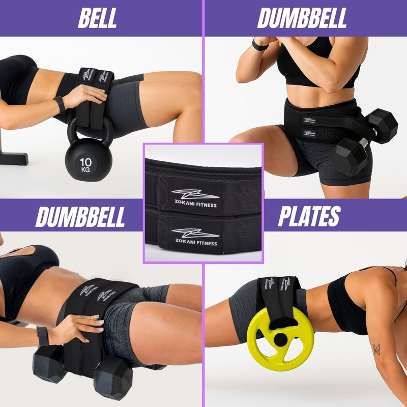Zokani Fitness Hip Thrust Belt, Double Padded Glute Trainer with Non-Slip Design, Heavy Duty Weight Belt for Dumbbells, Kettlebells and Plates, Black