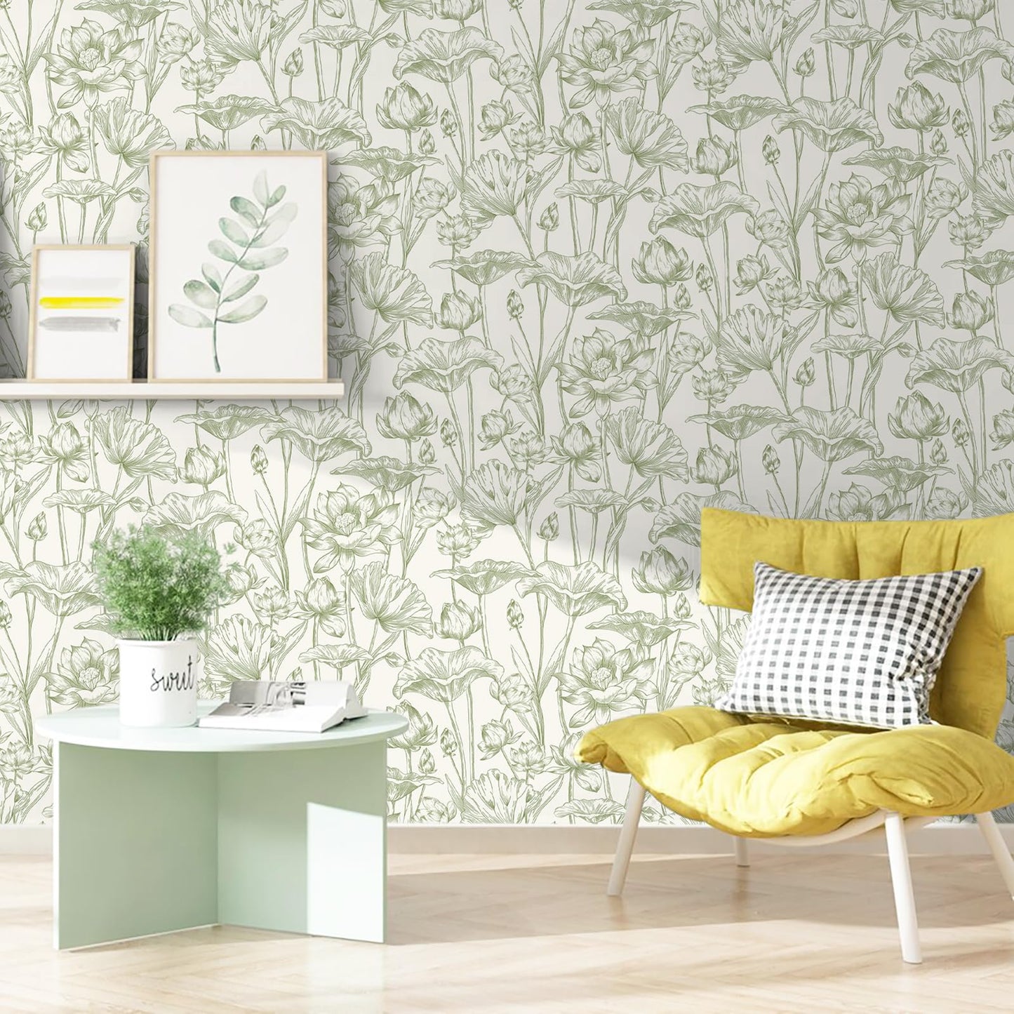 Vinjiasin Peel and Stick Wallpaper Green Floral Contact Paper Boho Modern Lotus Wall Paper for Bedroom Bathroom Living Room Self Adhesive Removable Flower Leaf 17.3"x 78.7"