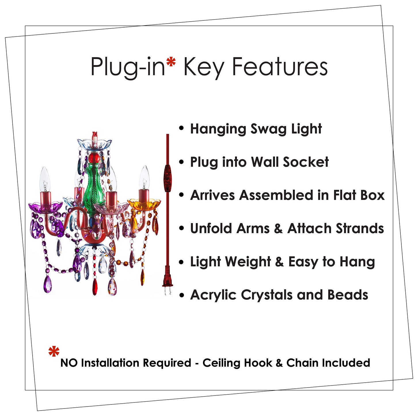 The Original Brink House Plug-in 4 Light Multicolor Hanging Swag Chandelier H17.5”xW15”, Red Metal Frame with Multicolor Glass Stem and Acrylic Crystals