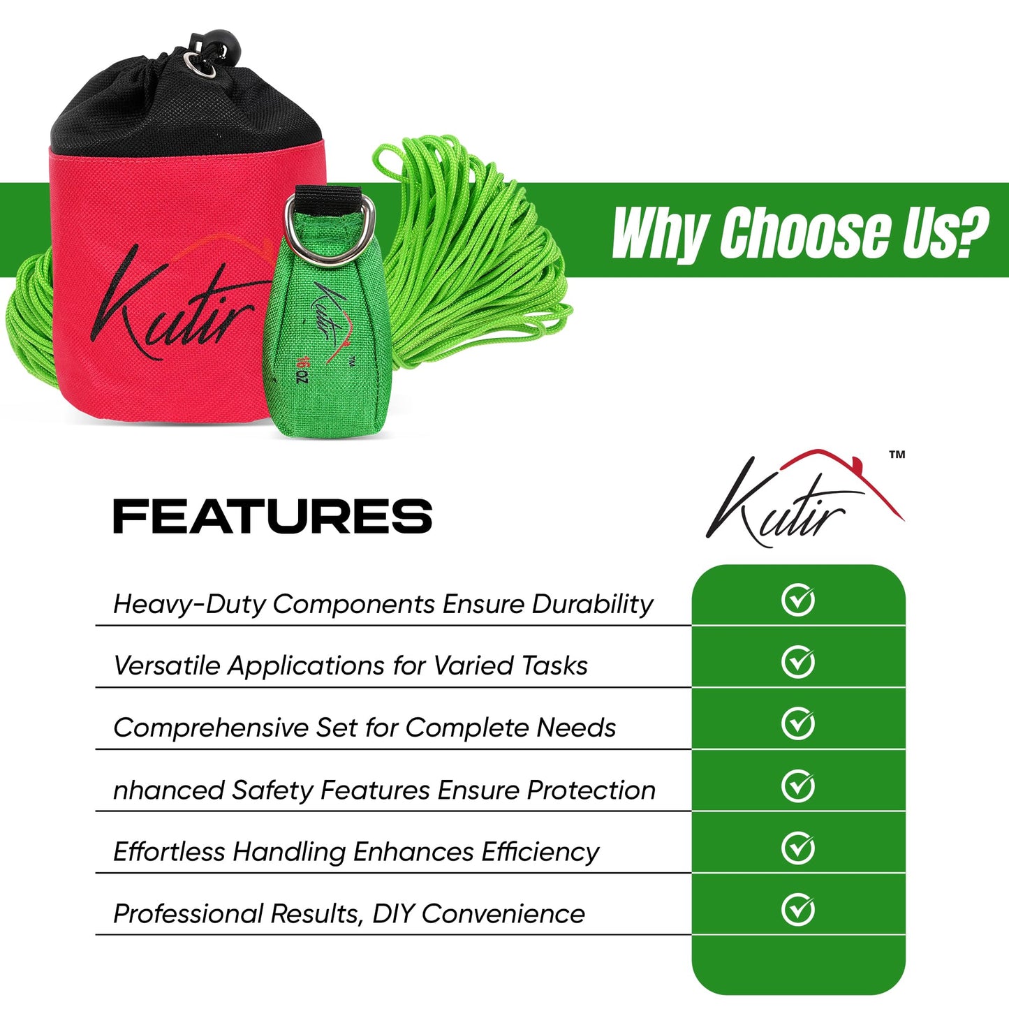 Kutir Throw Weight and Line Kit with Storage Bag 16 OZ 600D Pouch, 150 Foot Polyethylene Easter Rope for Arborists, Suitable for Tree Climbing, High Limb Throwing