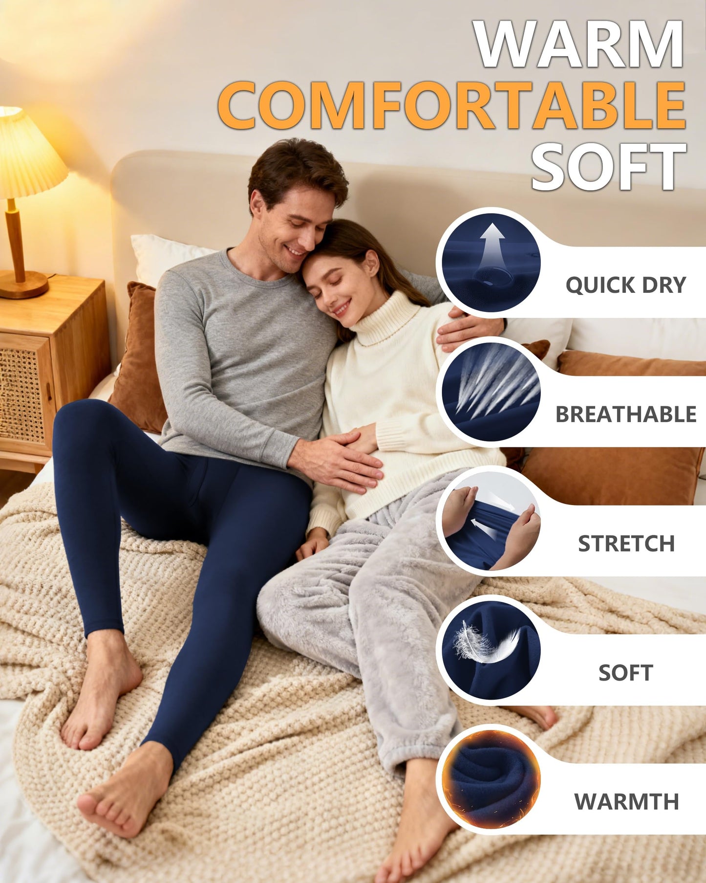 RIKUAOU Men's Thermal Underwear Bottoms, Fleece Lined Long Johns Pants with Fly, Athletic Base Layer Leggings Cold Weather Navy Blue