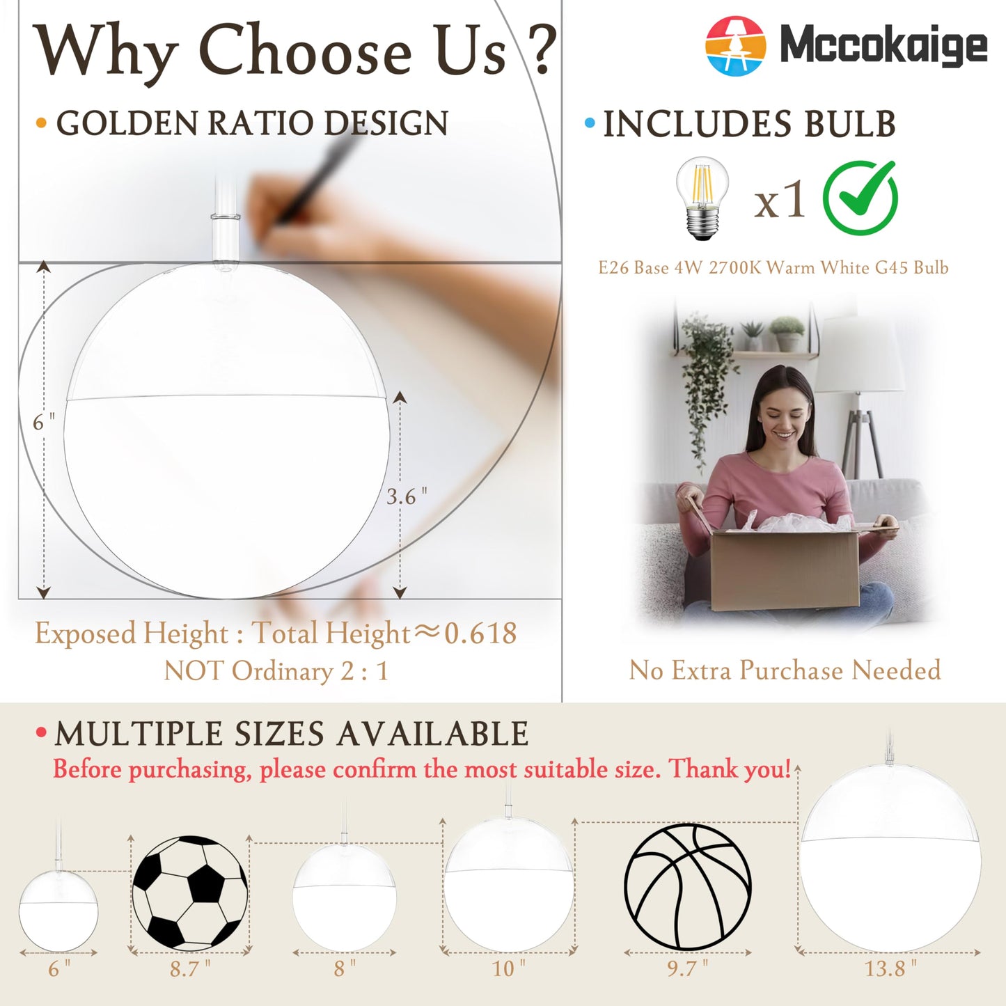 Mccokaige 6 Inch Nickel 2 Pack Mid Century Modern Pendant Light Pendants for Kitchen Island Frosted Milky White Glass Globe Height-Adjustable Modern Hanging Globe Pendant Light for Bedroom (Bulb Incl)