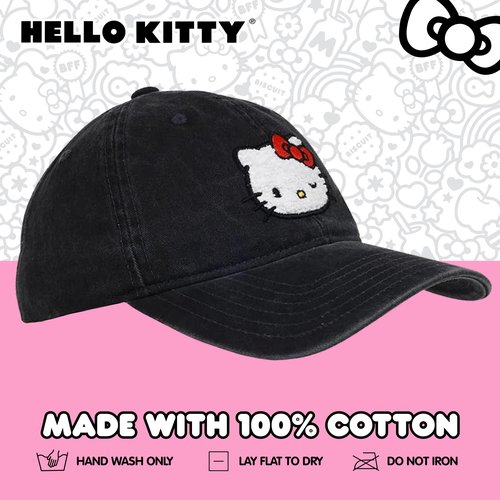 Hello Kitty Baseball Cap, Adjustable Cotton Dad Hat with Curved Brim, Chenille Patch, Black, One Size