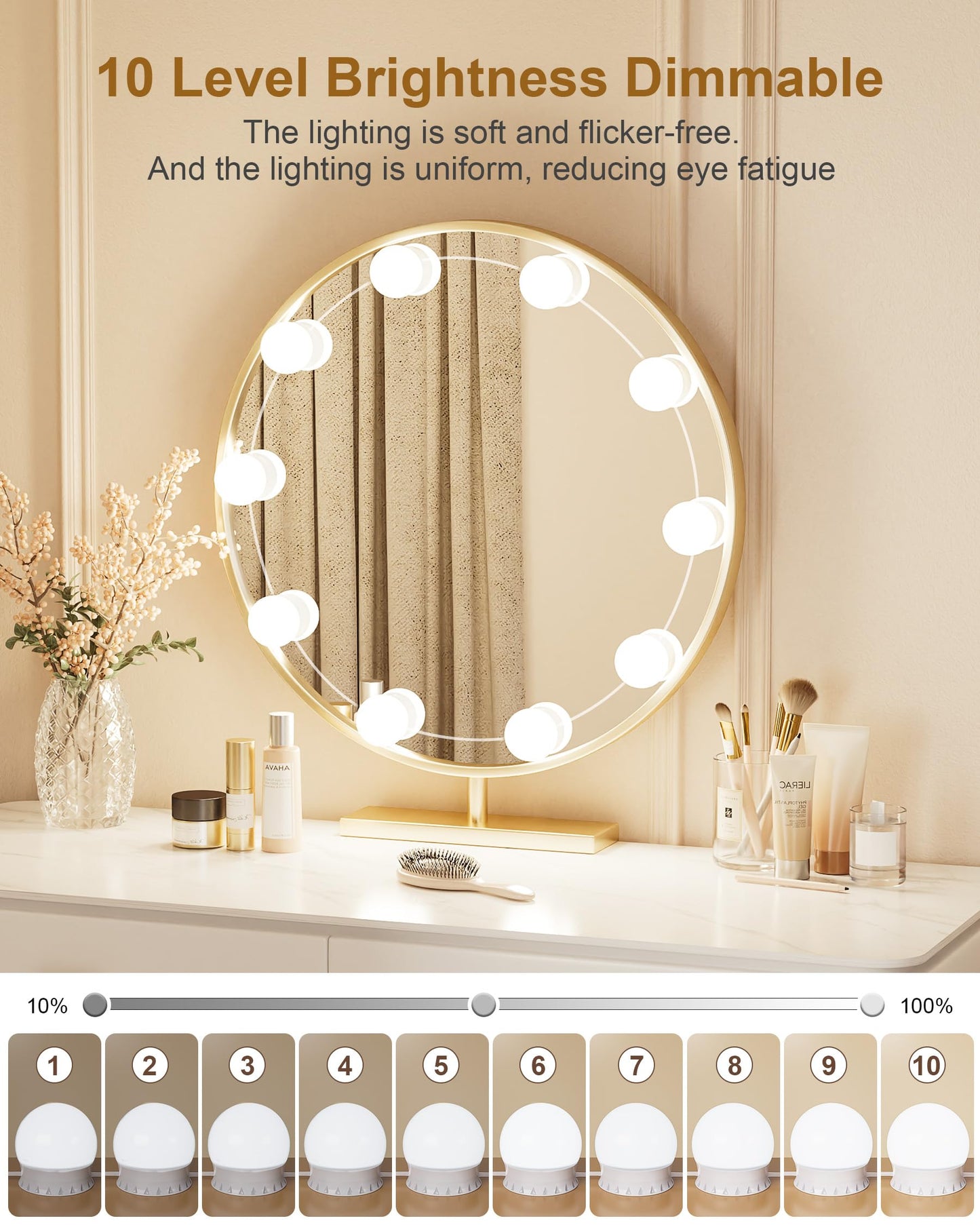 Yarnock 10 Bulbs LED Vanity Lights for Mirror, 3000K 4000K 6500K & 10-Brightness, Wire Length Adjustable, USB Cable, Hollywood Mirror Lights for Makeup Dressing Room Bathroom, White