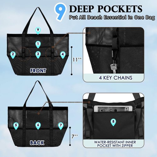 Fammart Large Mesh Beach Bag - Versatile Tote with Zipper Pocket for Family Travel & Pool Essentials