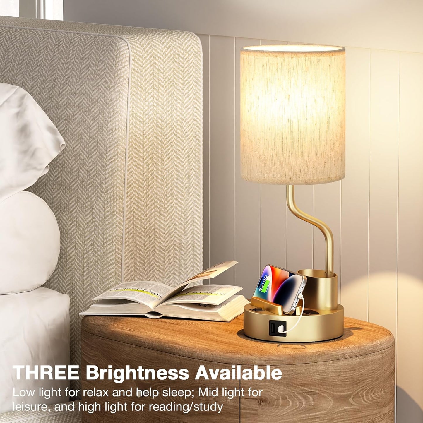 Set of 2 Bedside Table Lamps with USB & AC Outlet - 3 Color Temperatures, Desk Light & Phone Stand for Bedroom, Living Room, Office