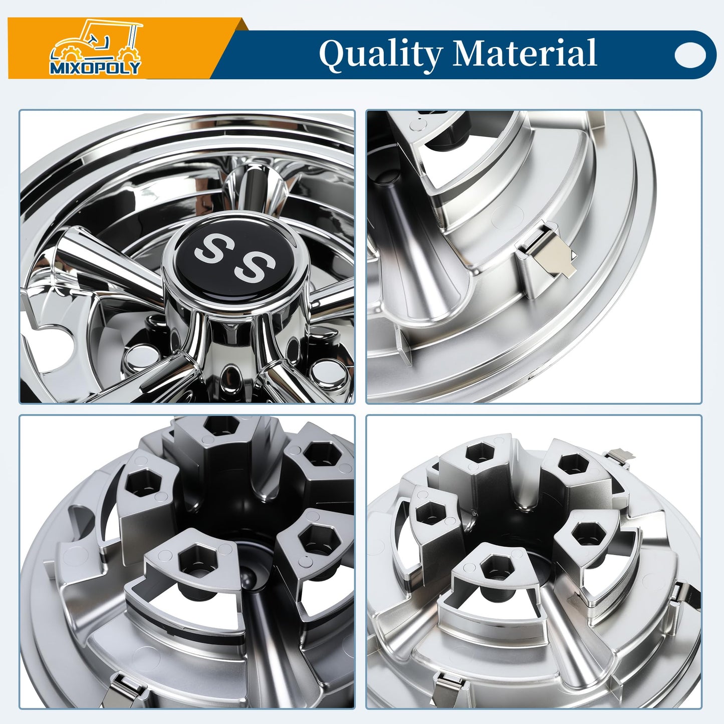 8 Inch (Set of 4) Golf Cart Wheel Covers Hub Caps Direct Fit for EZGO, Yamaha, Club Car SS Chrome 5-Spoke Snap-on Installation Rust-Proof Weather-Resistant