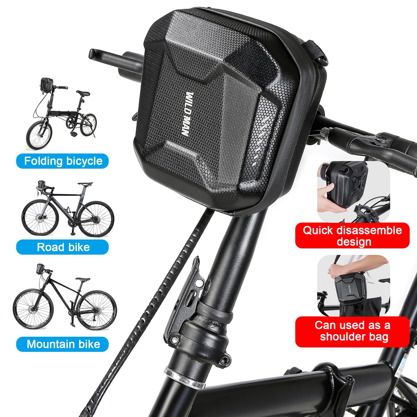 WILD MAN Scooter bag Bike Bag Waterproof Storage Scooter Handlebar bag Front EVA Hard Shell Bike Frame Bag（Black）