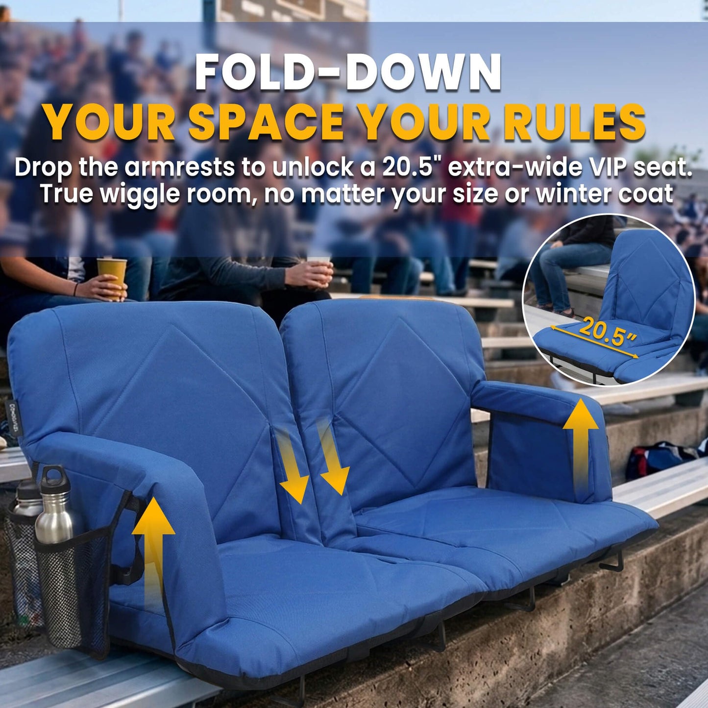 Sheenive Stadium Seat with Back Support (2 Pack) - 2.8'' Thick Comfy Cushion, Wide Padded Reclining Bleacher Seat with Armrests - Includes Backpack Strap, Carry Handle, 2 Cup Holders & 2 Large Pockets