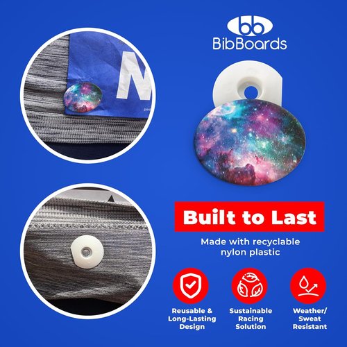 bibSNAPS Race Bib Clips - Secure Fasteners for Running & Cycling - Non-Magnetic, Soft & Reusable - Galaxy (4pcs)