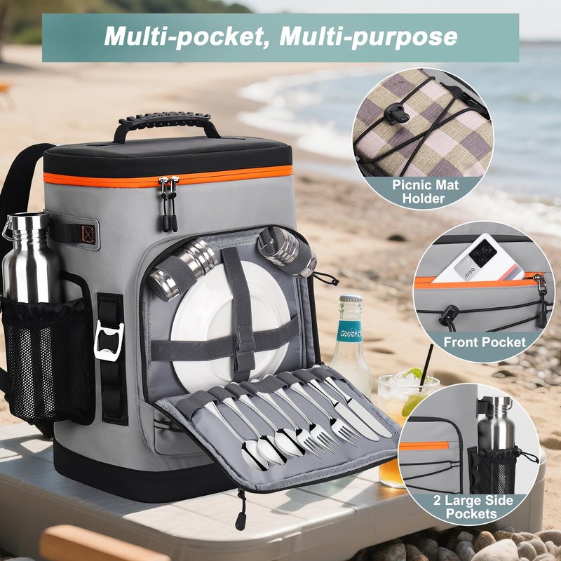 YOUNGOA Large 52cans Cooler Backpack, Insulated, Waterproof, Leak Proof, 30L Large Capacity (Grey)