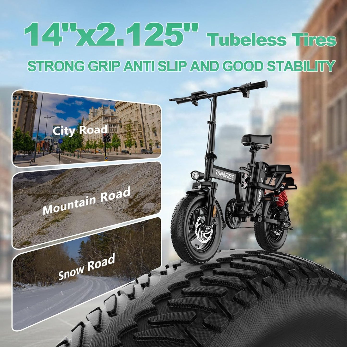 Tomofree Folding Electric Bike - 750W Peak Power, 20-24MPH, 48V 20AH Battery | 35-75 Miles Range, 14" Fat Tires