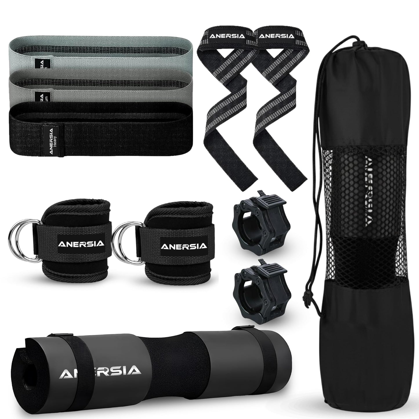 ANERSIA 10 in 1 Barbell Pad Set Black for Squats & Hip Thrust – Barbell Pad with Resistance Bands, Lifting Straps, Ankle Straps & Barbell Clamps – Weightlifting Accessories Kit for Home Gym