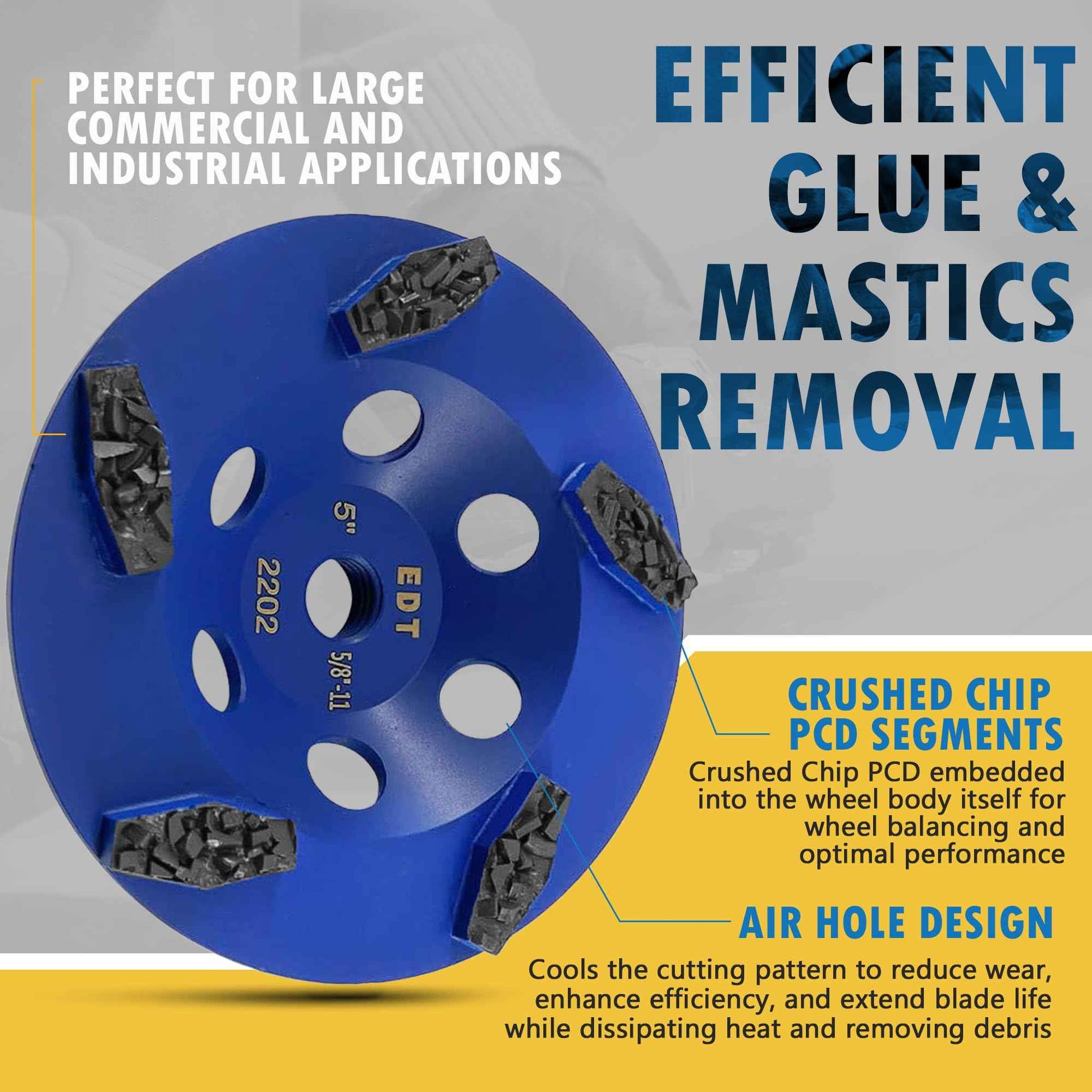5" PCD Grinding Wheel for Epoxy, Glue, Mastic and Paint, 5 Crushed Chip PCD Segments, 5/8"-11 Threaded Arbor