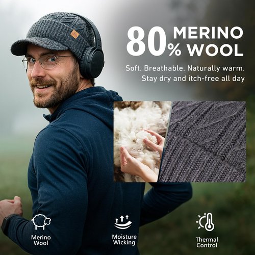 DryKnit™ Black Waterproof 80% Merino Wool Blend Beanie Hat with Brim Visor Fleece Lined Knit Winter Cap for Men Women Large Head Warm Outdoor Hiking Cold Weather Gear M/L