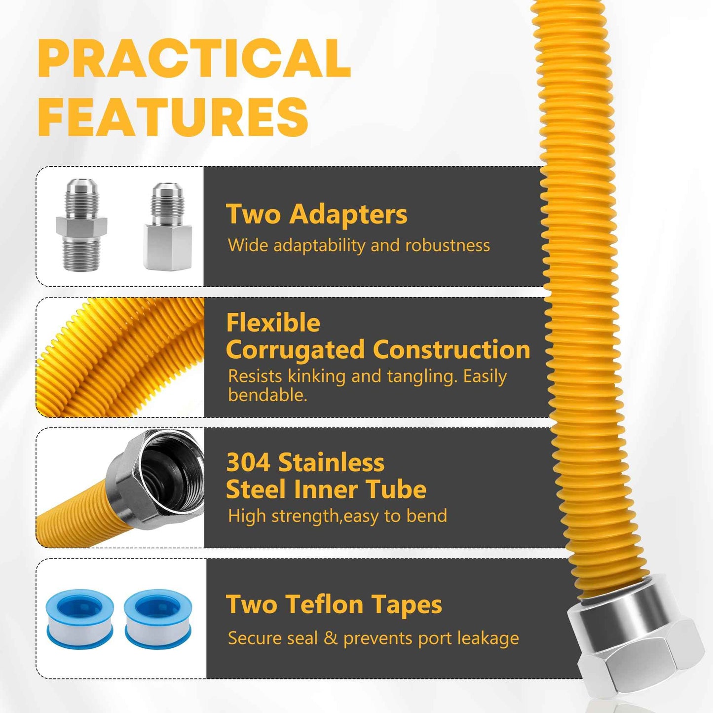 48" Flexible Gas Line Hose - Compatible with Dryer, Stove, Range & Water Heater | Stainless Steel Gas Range Connector Kit | 5/8" OD Line(1/2" ID) with 1/2" FIP & 1/2" MIP Fittings by TOMOON