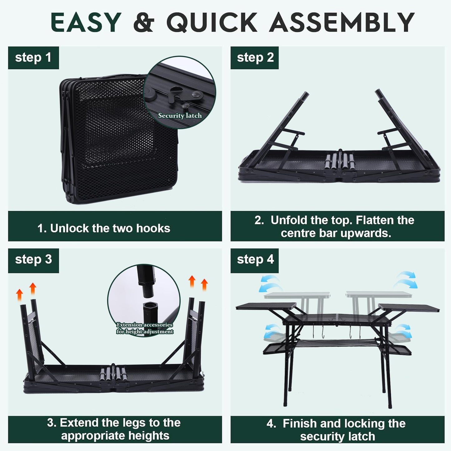 Nice C Camping Table, Compact Folding Tailgate Grill Table, Outdoor Metal Tables, Fold Up Lightweight with 4 Side Tables & Mesh Net for BBQ, Camping, Picnic
