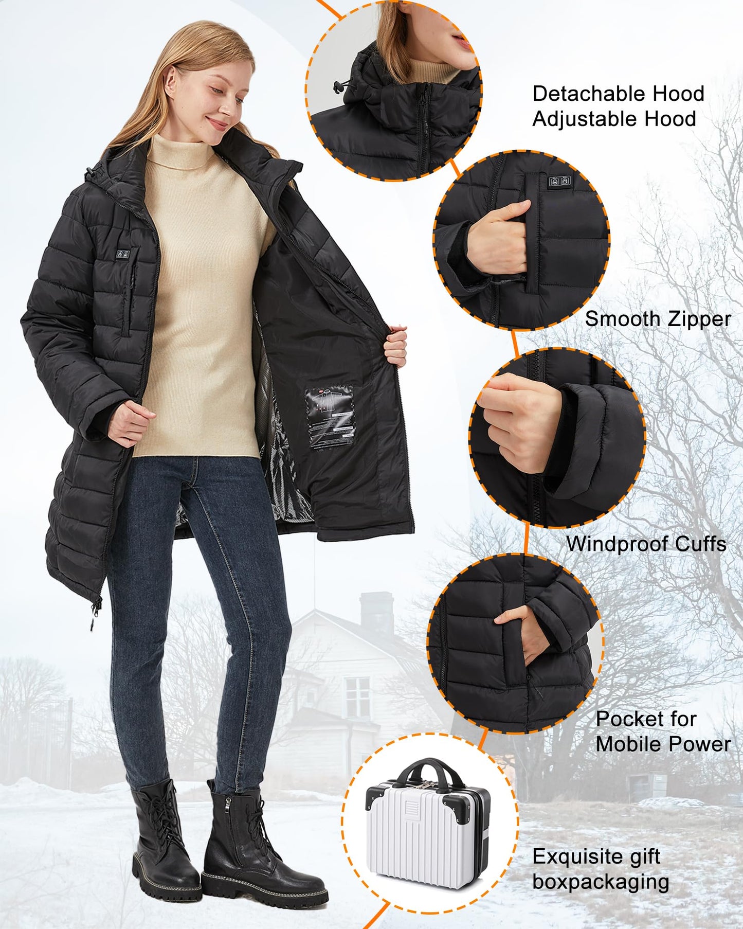 Hengriacly Graphene Heated Jacket for Women, Long Heated Coats for Women with Battery Pack 8 Heating Zones Detachable Hood