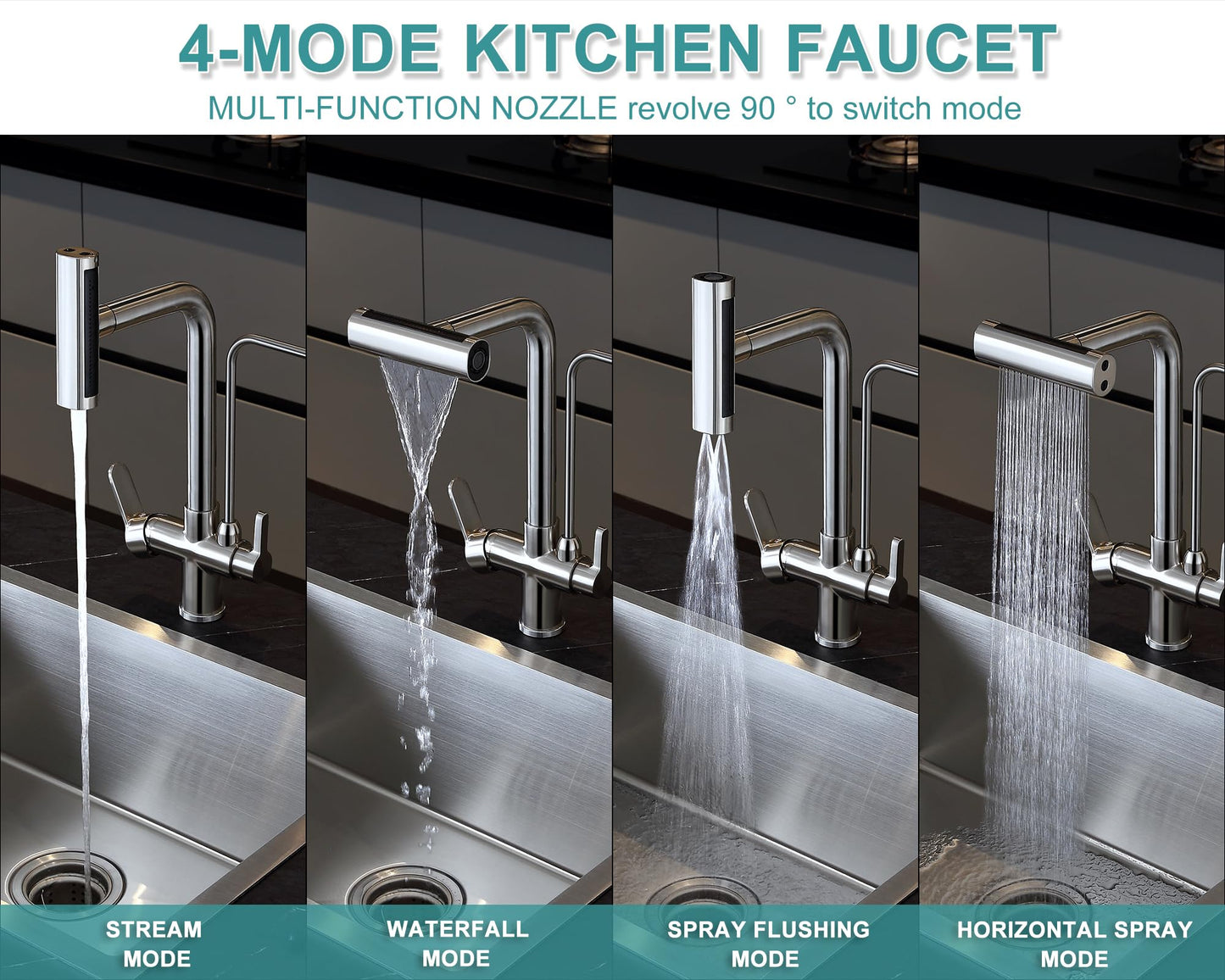 KINKIB Waterfall Kitchen Faucet with Filter - Pull Down Kitchen Faucet with 4 Spray Modes, RO System Compatible, Dual Handle Lead-Free Brass Design, Brushed Nickel