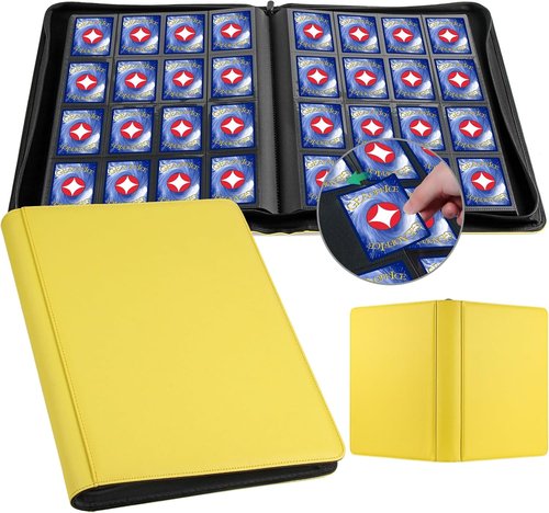 GEAoffice 16 Pocket Trading Card Binder - Ringless Side-Loading Design with Zipper Closure | PU Leather for 1000+ Cards - Yellow