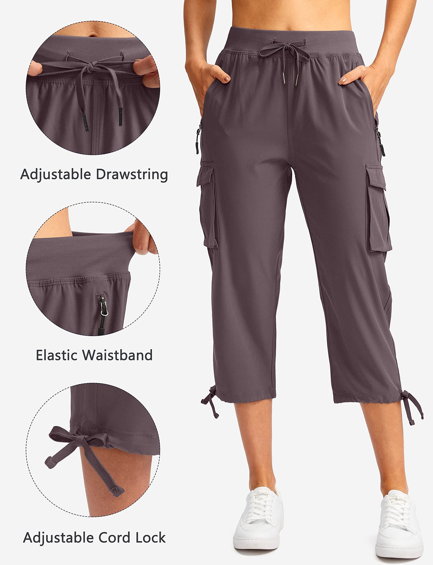 Soothfeel Women's Cargo Capris Pants with 6 Pockets Lightweight Quick Dry Travel Hiking Summer Pants for Women Casual (Dusty Purple, S)