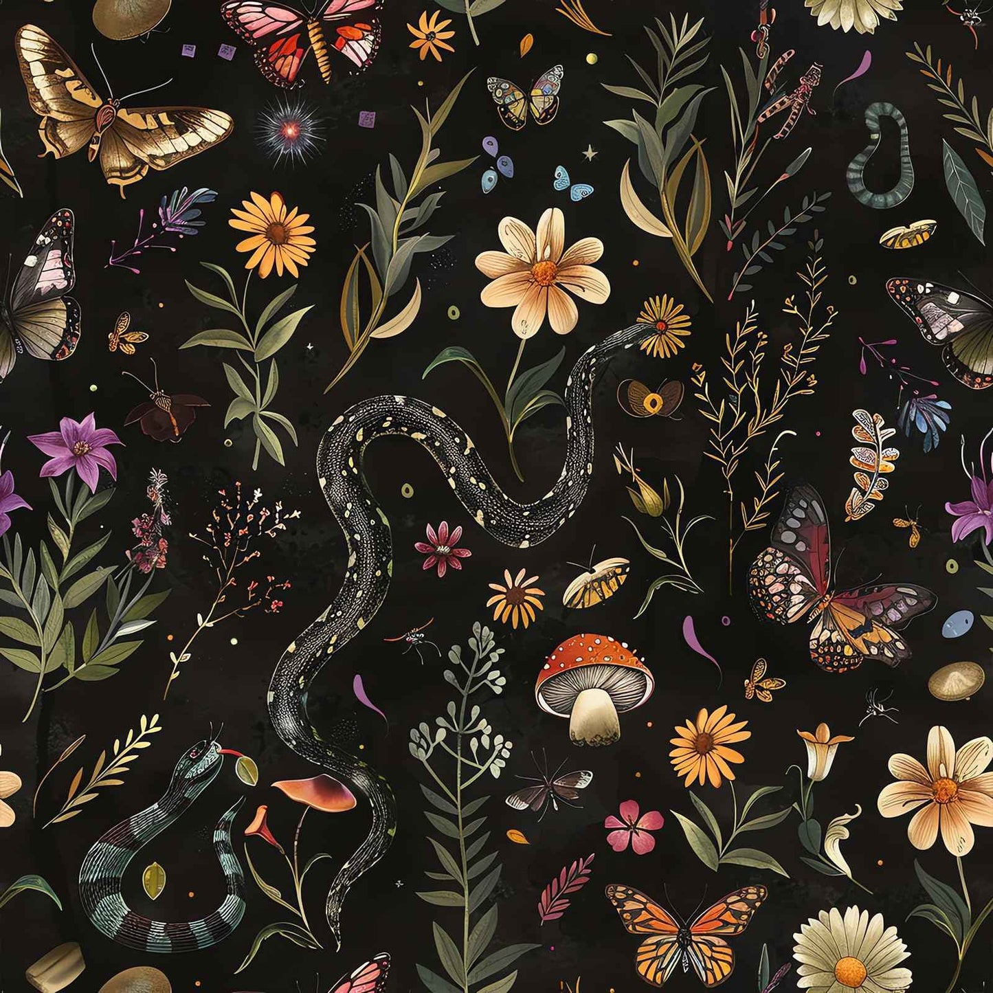 VEELIKE Midnight Forest Wallpaper Peel and Stick Snake Butterfly Floral Wallpaper for Bedroom Bathroom 17.7''x118'' Black Botanical Wall Mural Removable Self Adhesive Floral Contact Paper for Cabinets