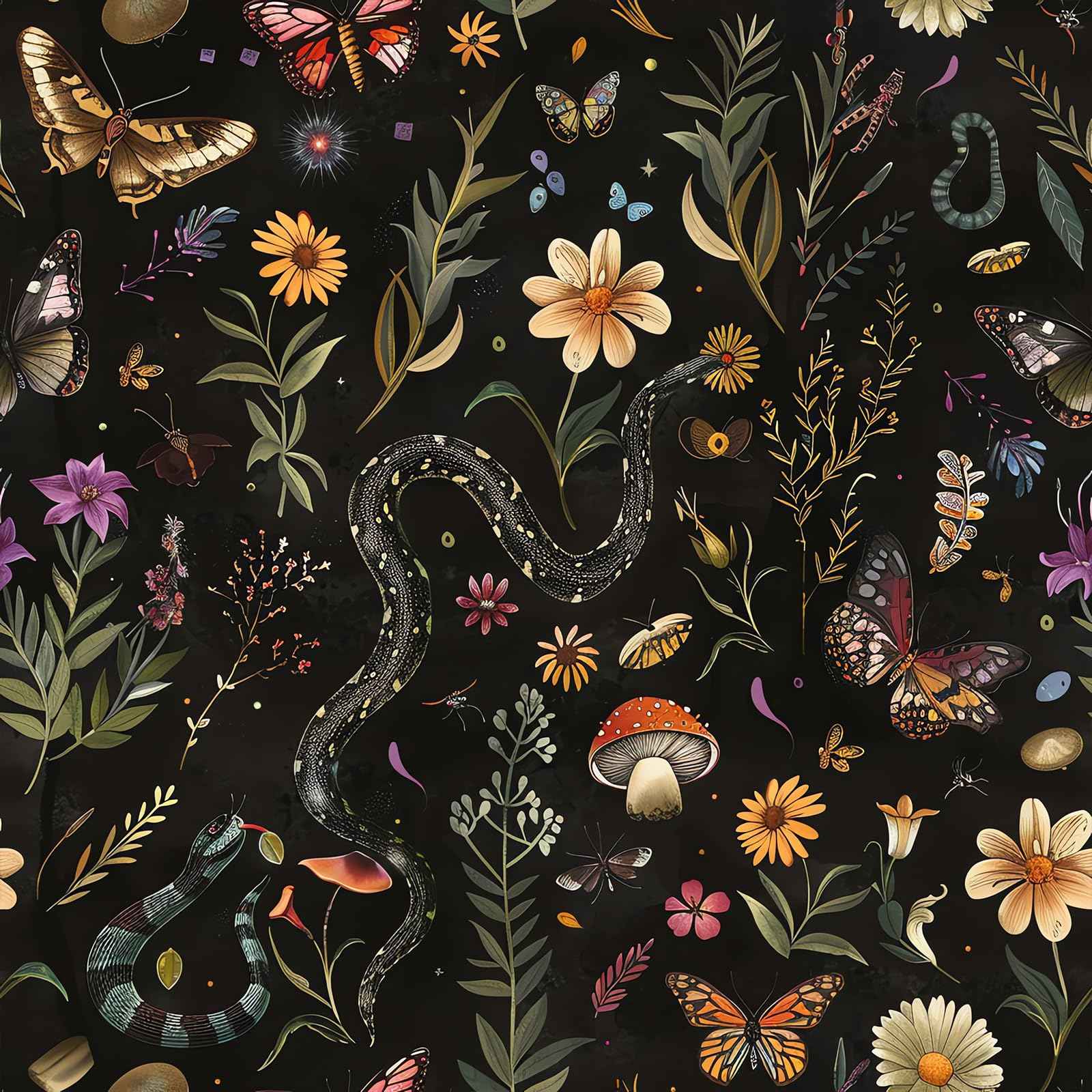 VEELIKE Midnight Forest Wallpaper Peel and Stick Snake Butterfly Floral Wallpaper for Bedroom Bathroom 17.7''x118'' Black Botanical Wall Mural Removable Self Adhesive Floral Contact Paper for Cabinets