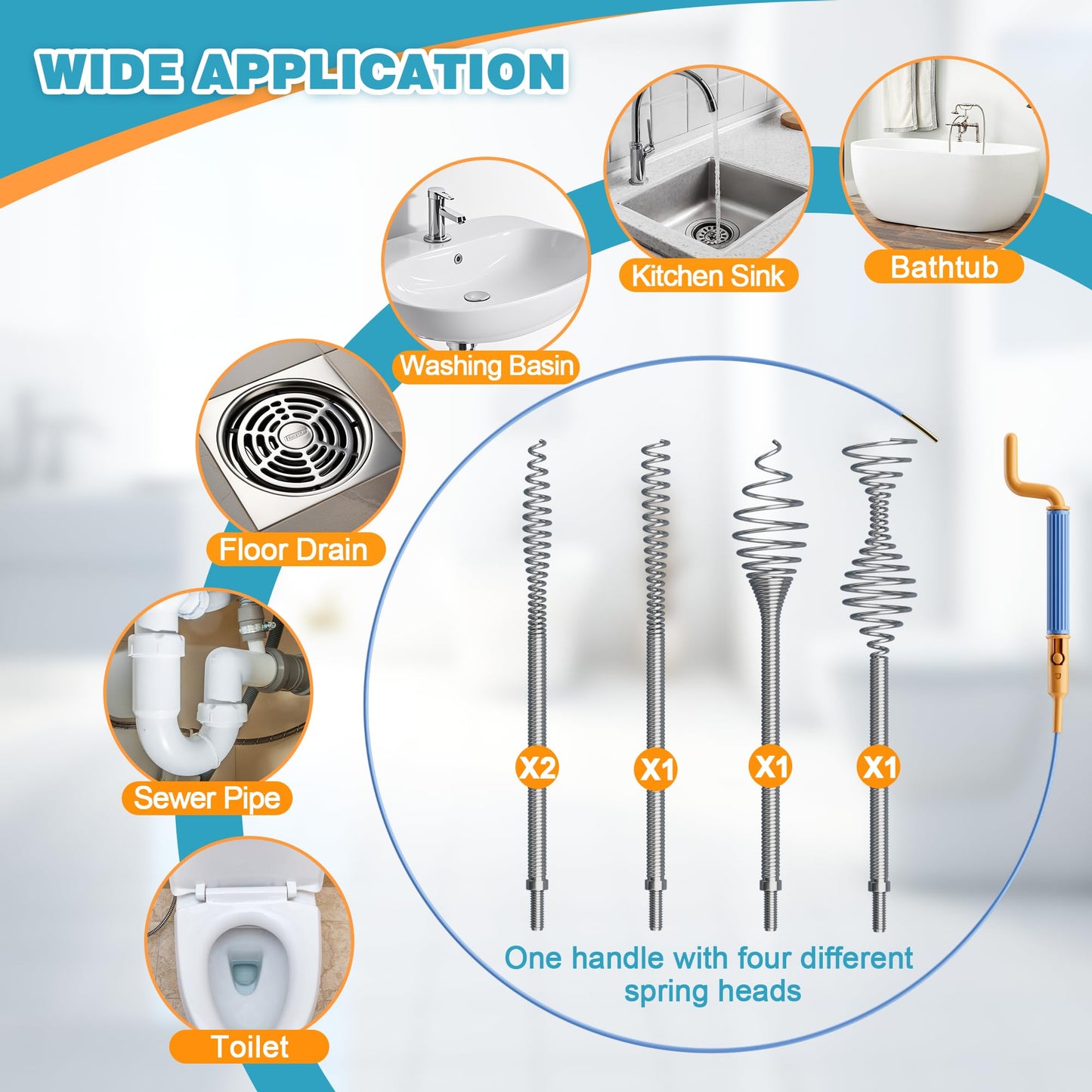 50 Inch Drain Snake Hair Drain Clog Remover, Replaceable & Reusable Sink Snake with 5 Spring Heads & Rotating Handle, Anti-break Steel Sink Drain Cleaner for Bathroom, Shower, Bathtub