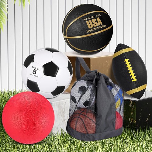 Lenwen Sports Balls Set - 4 Pcs Official Size Basketball, Soccer, Football & Pump | Perfect for Teens & Adults